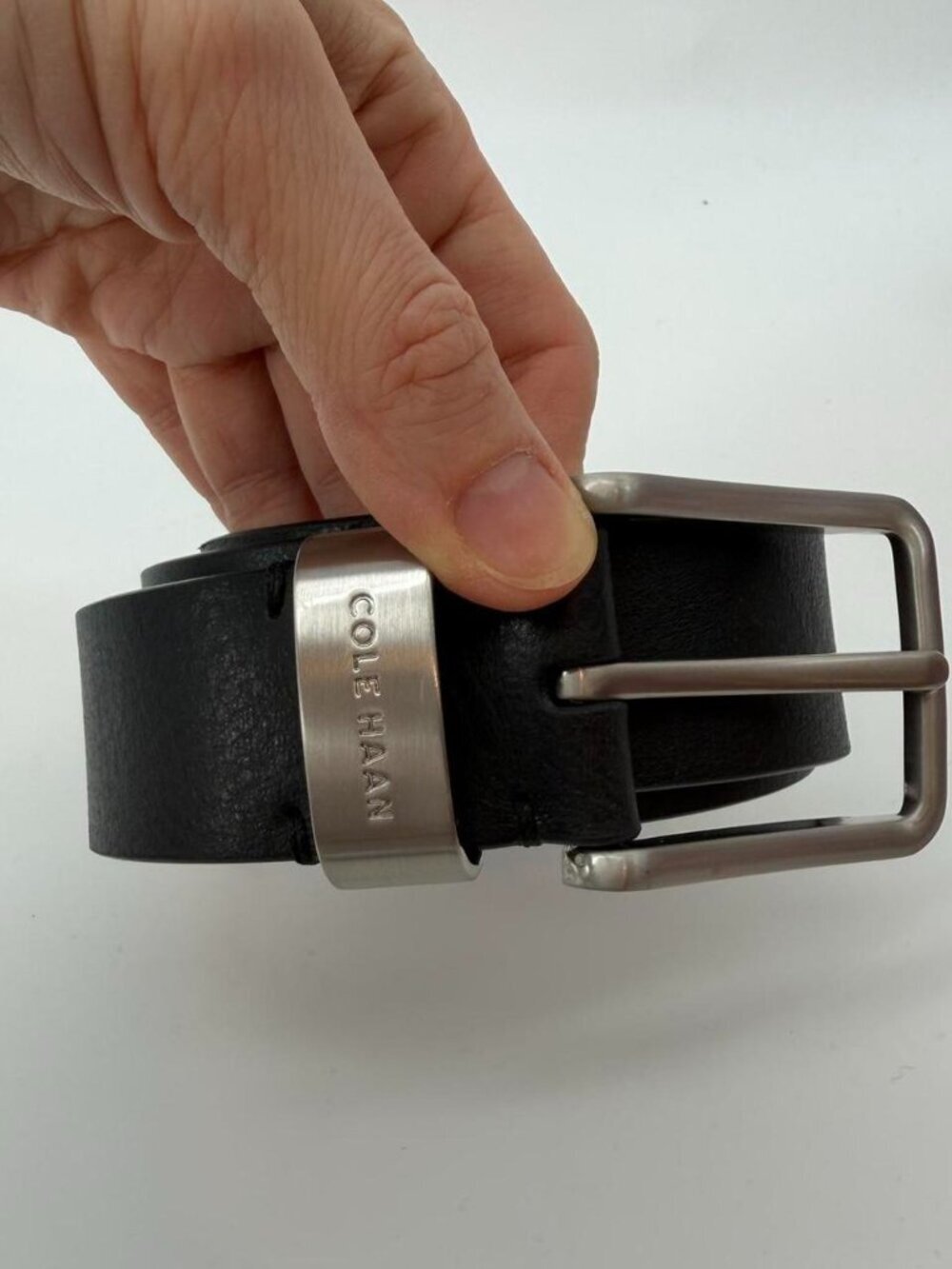 COLE HAAN Men's Belt Black Genuine Leather Silver Logo Buckle Size 32